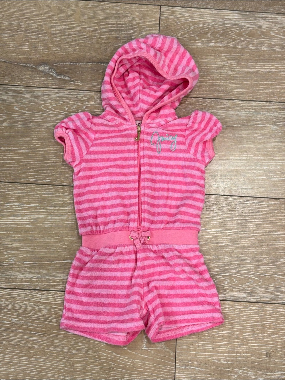 Juicy Couture Baby Girls Pink Terry Cloth Hooded Romper Cover-Up Striped 6-12M